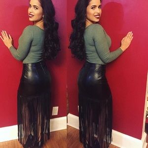 Fringe black leather skirt